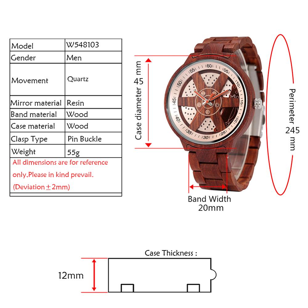 Heren Horloge Unieke Wiel Hub Precieze Schaal Rode Houten Horloge Verstelbare Houten Band Horloge Quartz Polshorloge Relojes Hombre