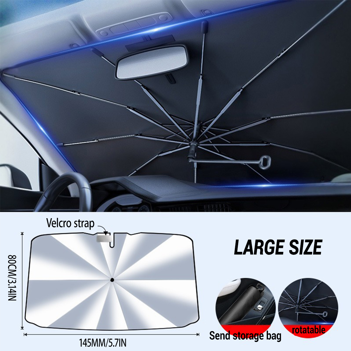 Paraguas para parabrisas de coche con 360 ° Manija plegable de rotación, parasol para ventana delantera, protección UV, accesorios de verano para coche: Gris oscuro