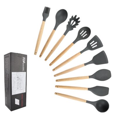11 st silikon köksredskap set, rosa massivt trä handtag med förvaringslåda, köksutrustning kit köksredskap tillbehör: 9pc grå a