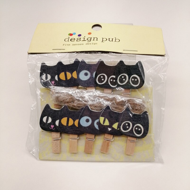 10pcs/bags Clothes Clip Wooden Clips 35mm Decoration Craft Natural Pegs Mini Clothespin Wooden Clip for Clothes Hair Accessories: Black cat head