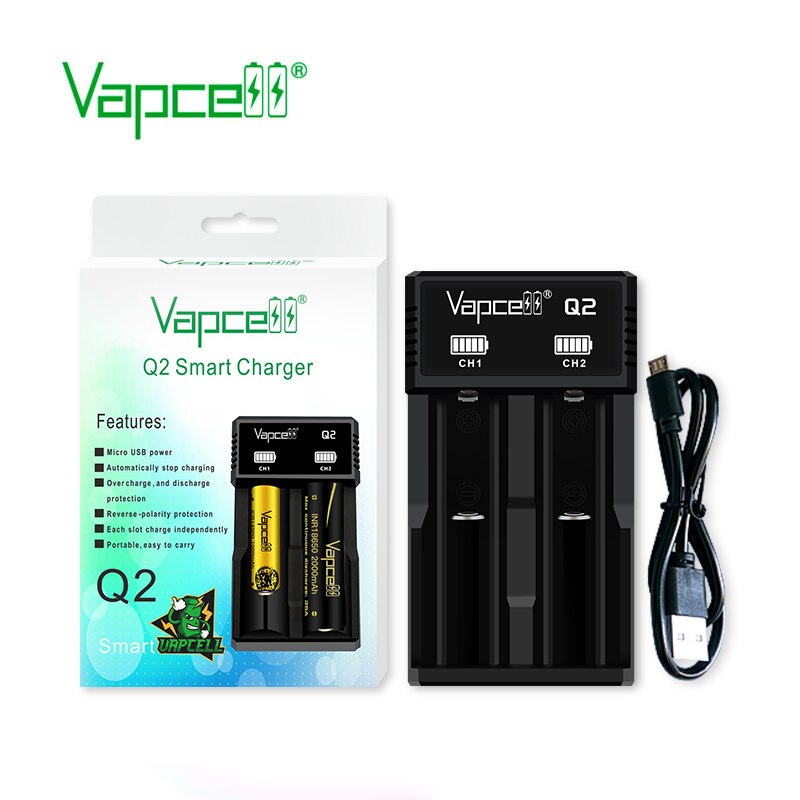Vapcell Q2 charger simple Smart 2 Slot 1A Micro USB power LED indicator for Li-ion battery 21700 18650 18350 20700 charger