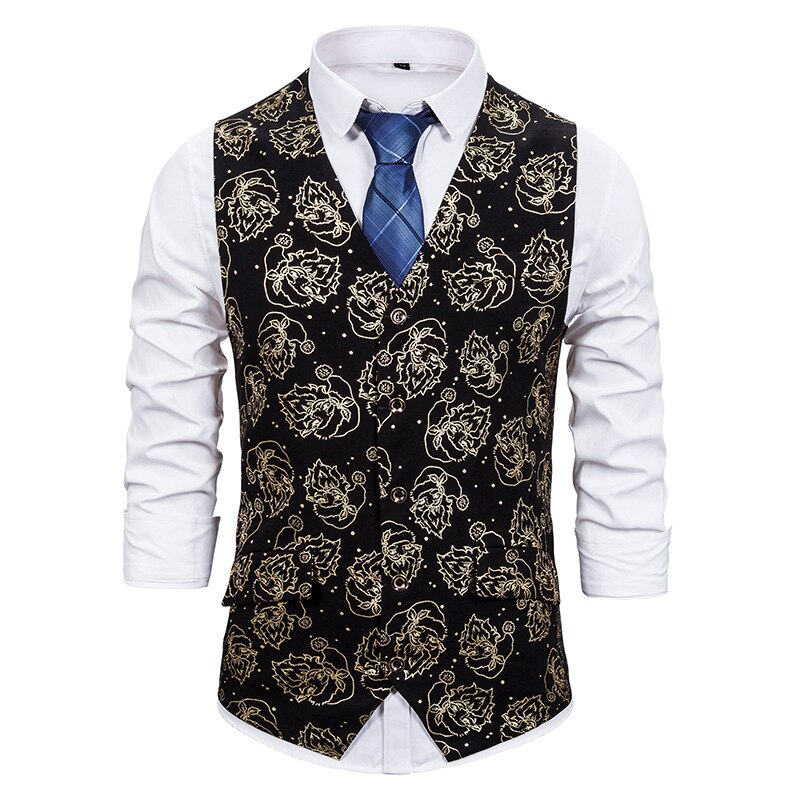 Glimmende gouden kerstman folie print kerstvest heren merk slim fit mouwloos smoking vest heren trouwpak vesten: Goud / S