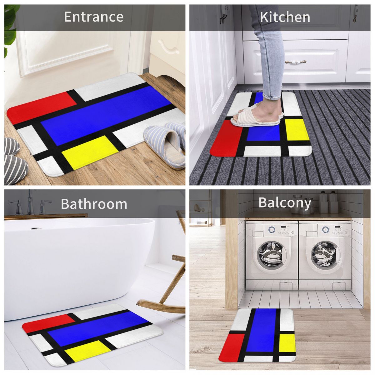 Alfombrilla Mondrian para el baño, decoración de calcetines 3D, felpudo antideslizante para entrada, sala de estar, cocina, dormitorio y balcón