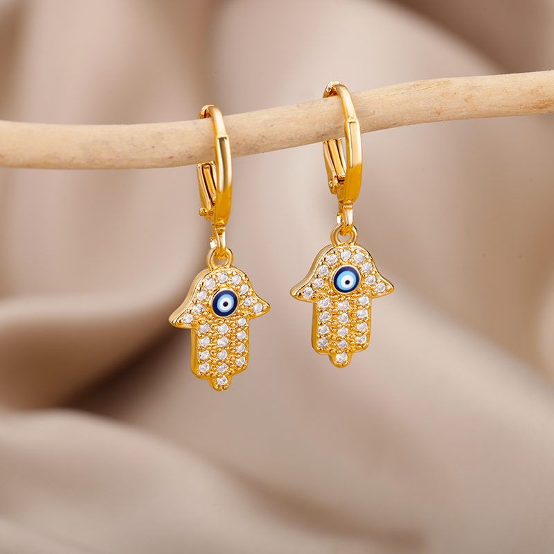 Mode Punk Evil Eye Oorringen Voor Vrouwen Goud Kleur Stainelss Staal Zirkoon Turkse Eye Fatima Hand Druppel Oorbel Sieraden