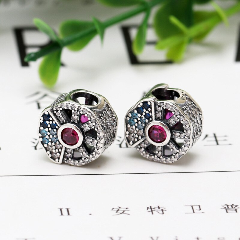 925 Sterling Silver Beads Flower Butterfly Pink Blue CZ Charm Fit Pan Bangle Bracelet DIY Women Jewelry