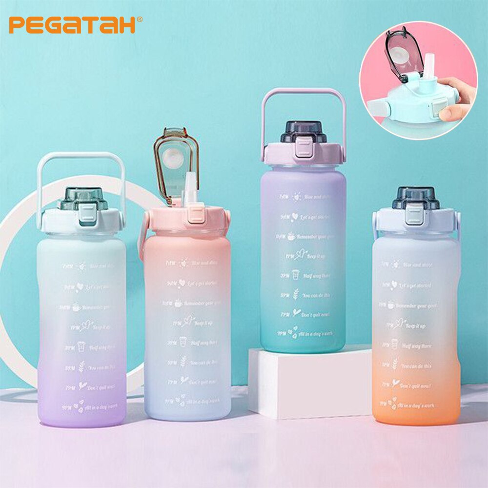 2L Grote Capaciteit Water Fles Met Stro Plastic Gradiëntkleur Water Cups Outdoor Drinken Waterkoker Bidon