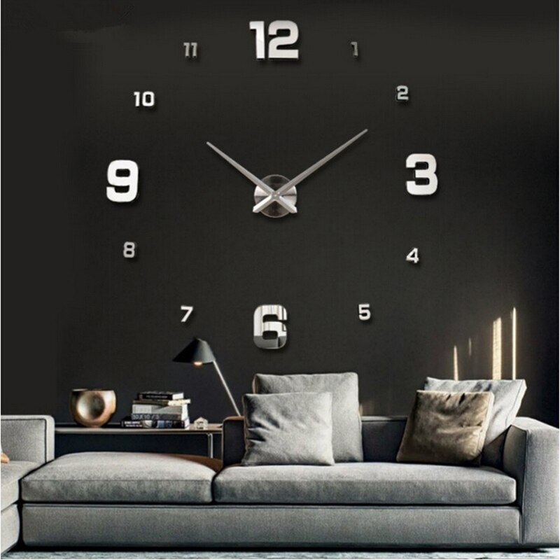 Wall Clock Modern Quartz Clocks Watch Mirror Sticker Diy Living Room Decor 3D Large Wall Clock: Silver / 37 inch
