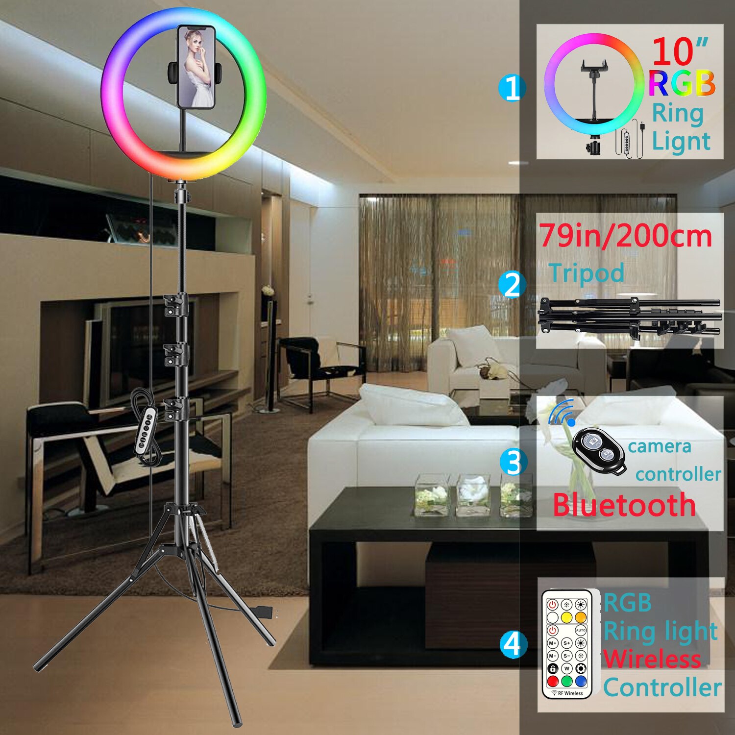 10in Led Kleur Selfie Ring Licht Rgb Fotografie Ringlicht Cirkel Vullen Licht Statief Lamp Telefoon Standhouder Trepied Make-Up: 200cm Tripod