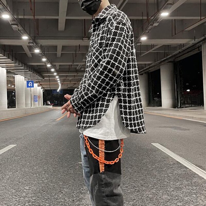 Camisa a cuadros de flor de anacardo para hombre, camisas de vestir de bloque de Color, ropa de calle japonesa Harajuku, solapa