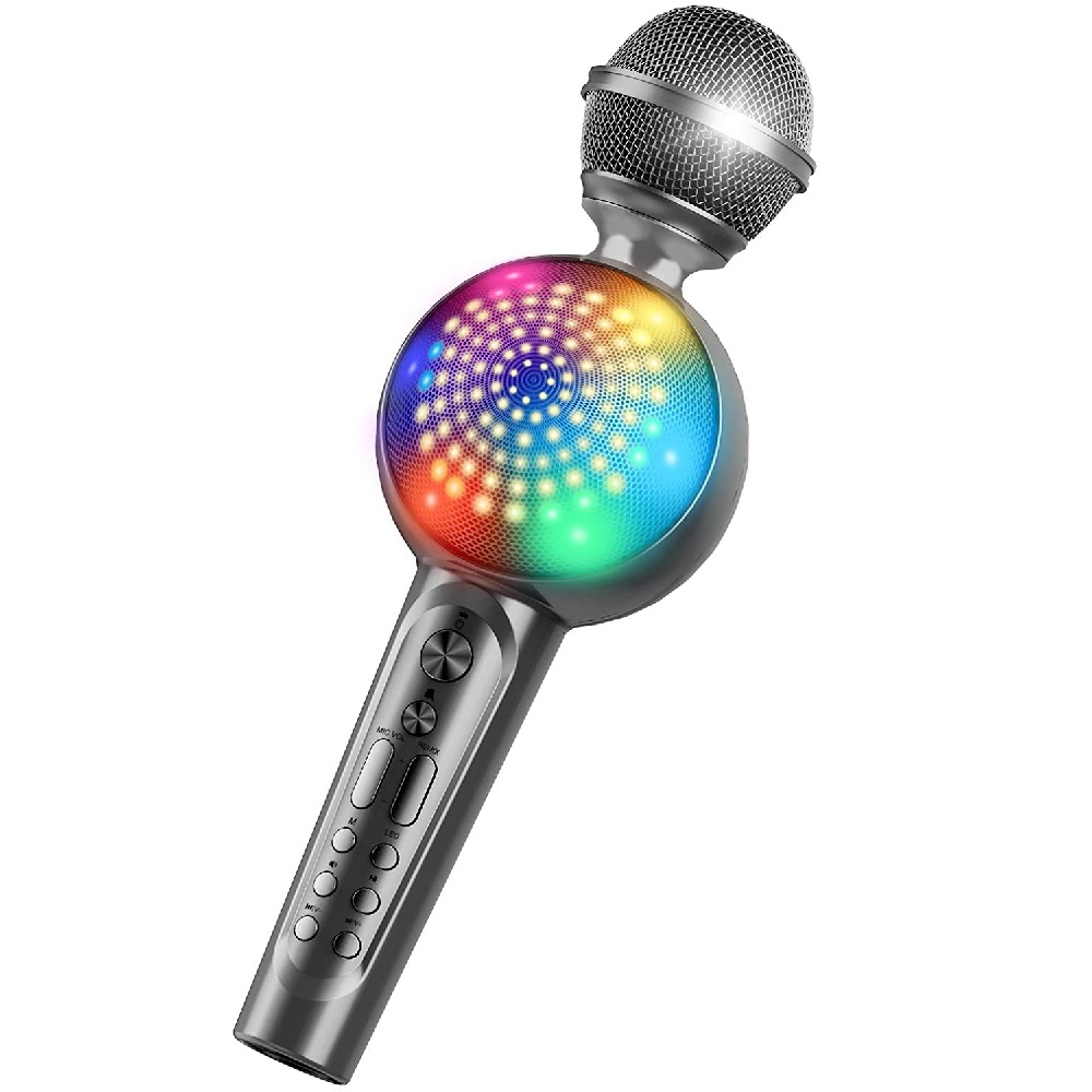 GOODAAA Bluetooth Karaoke Mikrofon für Telefon Drahtlose Tragbare Handheld Mic Lautsprecher mit LED-Licht Magie Sound Singen Maschine: Grey
