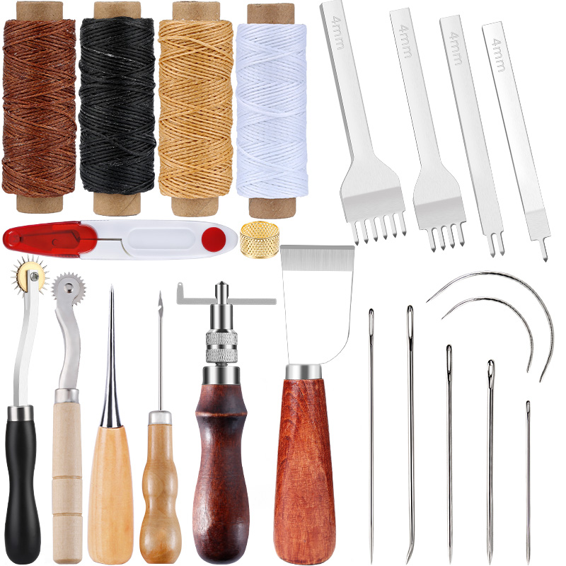 Lmdz Lederen Naaien Tool Set Skiving Mes Hand Punch Groover Houten Handvat Priem Wax Draad Schaar Leer Naald Accessoires: Type4