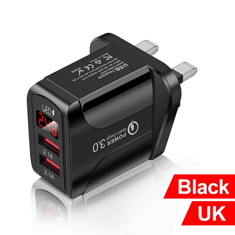 Cargador USB de 18W para móvil, dispositivo de carga rápida con pantalla LED QC 3,0 de 2.4A, doble USB, para iPhone, Samsung, Xiaomi, Huawei: Black UK