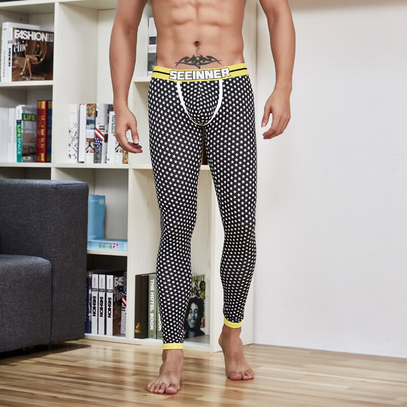 Men's Single Layer Winter Warm Pants Stars Printing Thin Young Man Based Leggings Long Johns