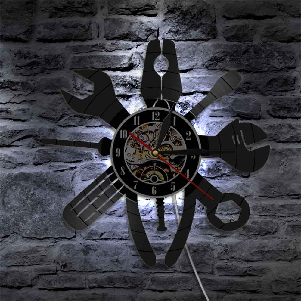 1 pièce plombier réparation outils LED veilleuses vinyle horloge murale Illustration Garage mur Art exclusif suspension lampe