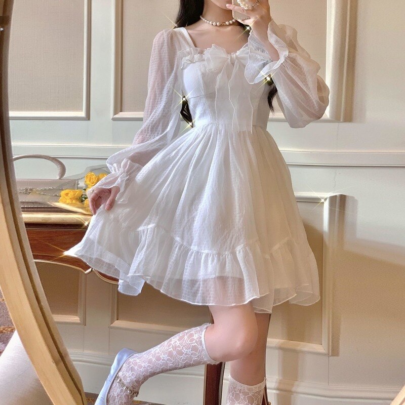 QWEEK-vestido de princesa Kawaii Vintage para mujer, vestidos de con volantes blancos, ropa bonita