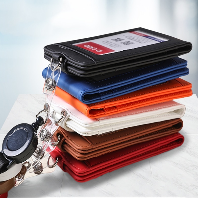 1pc Retractable Badge Lanyard Work Name Business Card Cover Card Holder PU Leather Card Wallet