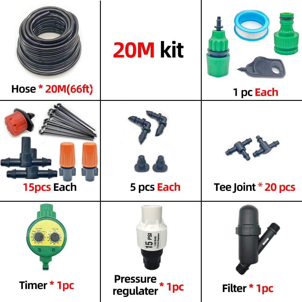 20M Drip Irrigation System Automatic Watering Irrigation System Kit Garden Hose Mist Irrigation System Kits Adjustable Dripper