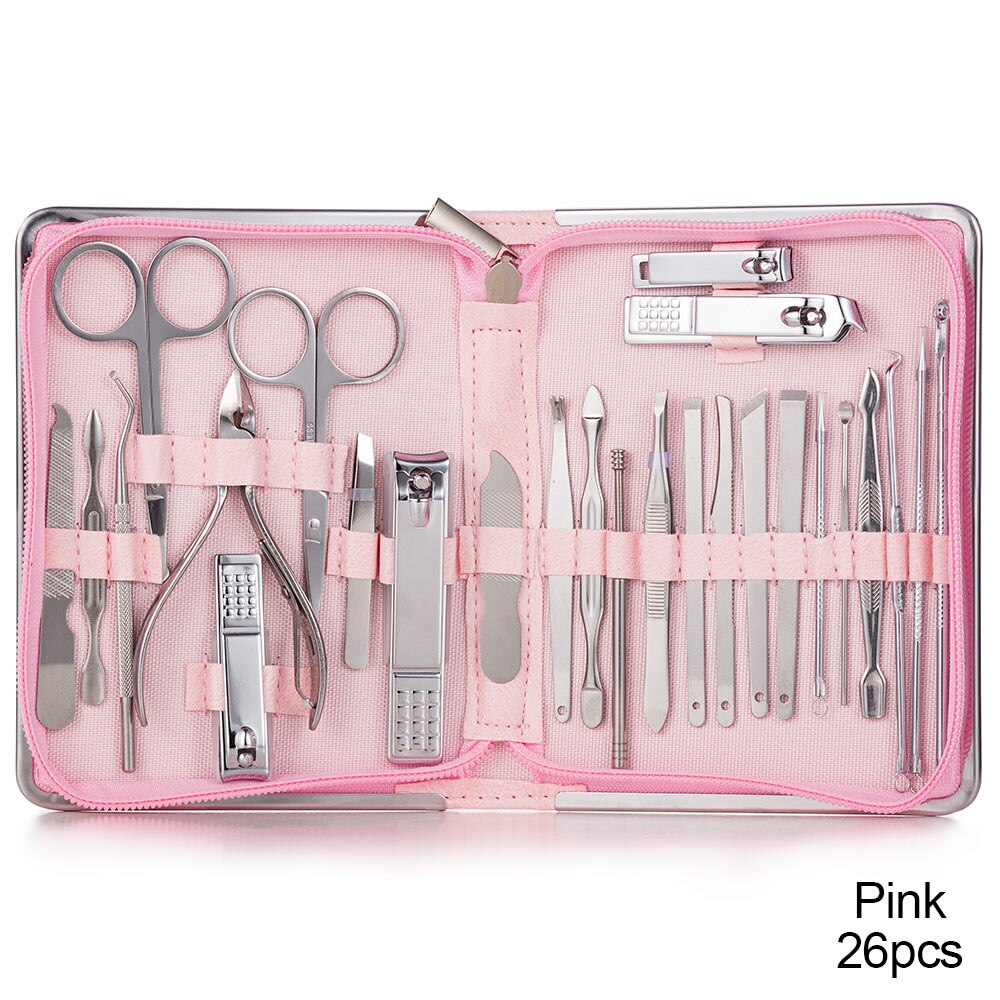 Nail Clippers Set Stainless Full Function Pedicure Tools Kit With Nail Scissors File Acne Needle Tweezers Earpick Manicure Tool: 26 pcs pink