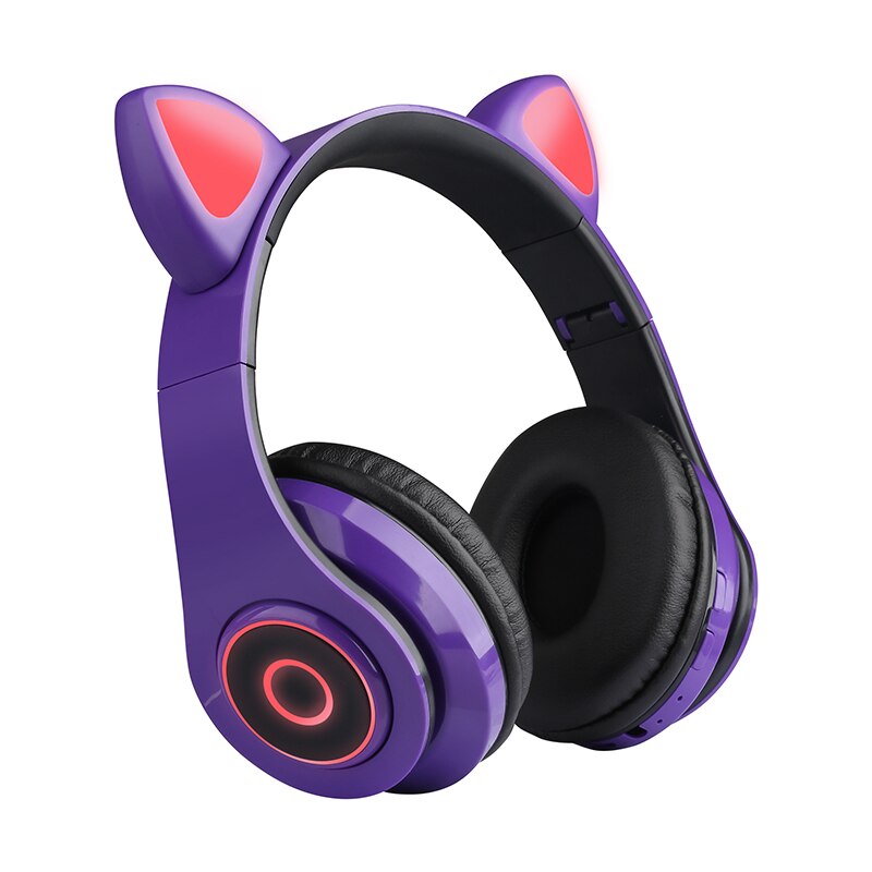 Wireless headphones children MP3 player with LED colorful breathing lights cat ears with microphone Bluetooth headset: Purple 