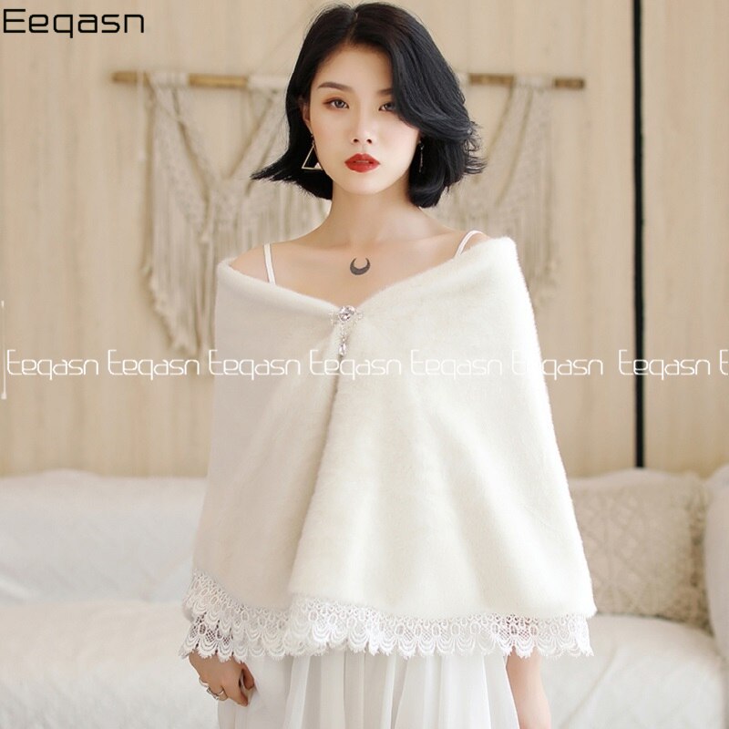 boléro mariage Wrap fausse fourrure étole Cape avec strass dentelle bord écharpe fourrure bordeaux hiver femmes manteau mariée châle