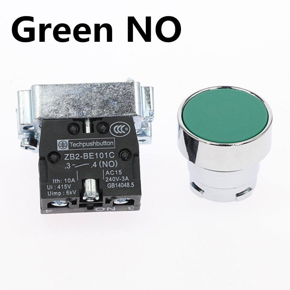 1Pcs 22mm Momentary Push Button Switch NO/NC 10A/415V XB2-BA31 XB2-BA42 Flat-headed button switch: Green-NO