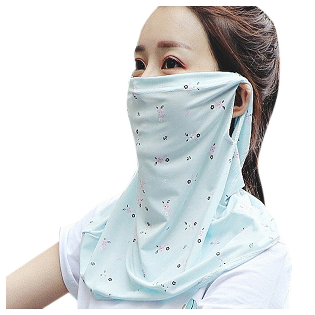 Novedad de verano de máscara cortaviento bufanda de las mujeres pantalla solar Casual cuello bufanda máscara impresión delgada pañuelos envoltura al aire libre suave chales: Blue