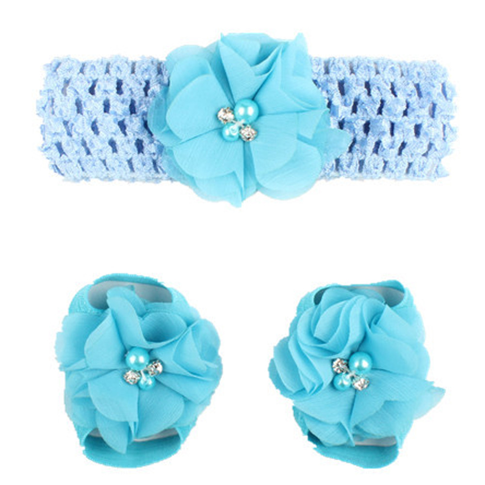 3 Pieces A Set Cute Baby Girls Toddler Flower Hairband Headband Flower Barefoot Sandal / Shoes Set Children Accessories
