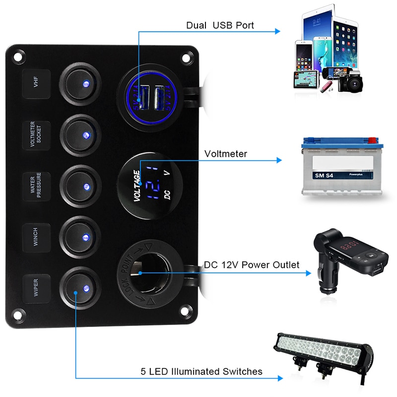 5 Gang Marine Boat Switch Panel Led Waterproof Circuit With Voltmeter Dual Usb Charger Panel Switch Boat Yacht 12v 24v