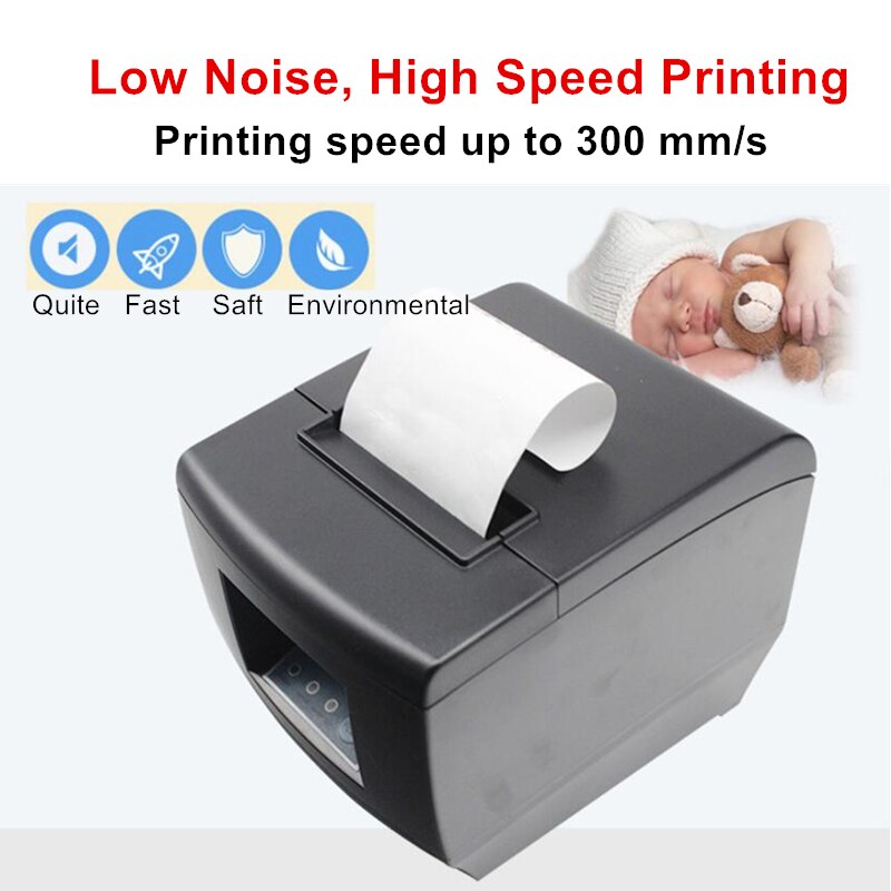 POS Printer 300mm/s 80mm Thermal Receipt Barcode Printer Kitchen Restaurant Automatic Cutter with USB / Lan Port