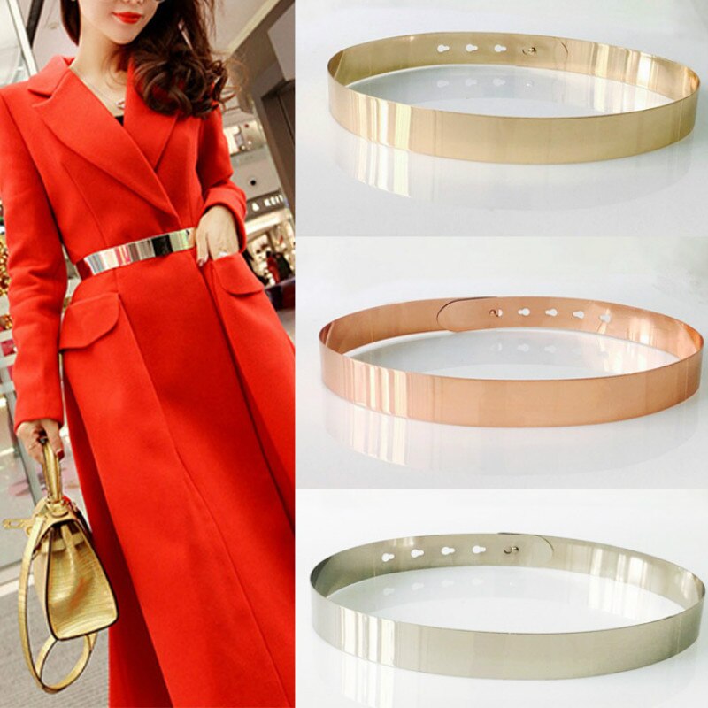 Frauen Einstellbare Metall Gürtel Bling Gold Silber Platte Jahrgang Damen Kleid Einfache Gürtel Luxus Spiegel Bund