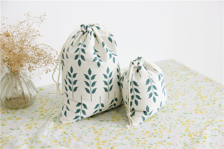 Soft Cotton Linen Drawstring Bag Literary Wheat Ear Print Leaves Women Home Storage Small Coin Purse Travel Portable Phone Pouch