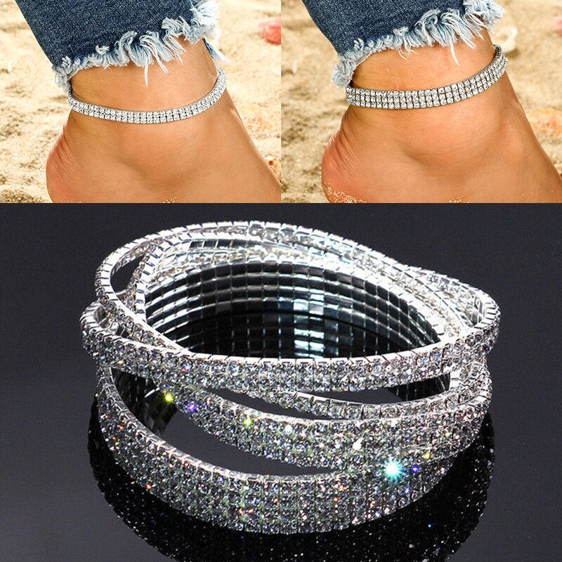 Pulsera tobillera con diamantes de imitación para mujer, 2, 3, 4 y 5 filas, cadena elástica, 1 unidad