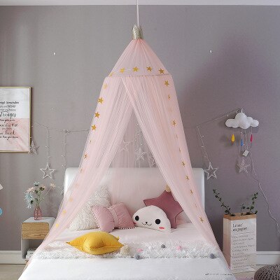 Myggenet med gratis stjerner hængende telt baby seng krybbe baldakin tyl gardiner til soveværelse lege hus telt til børn børneværelse: Lyserød