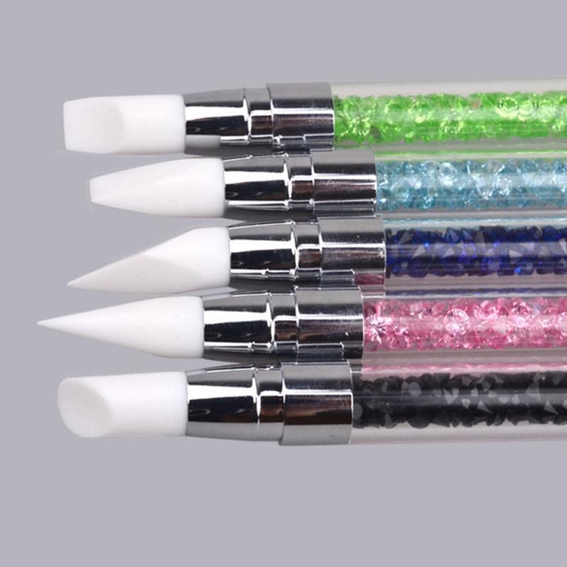 1PC Embossed Silicone Tip Pen Double-headed Nail Brush With Diamond Transparent Handle Nail Polish Salon Nail Sculpture Pen Tool