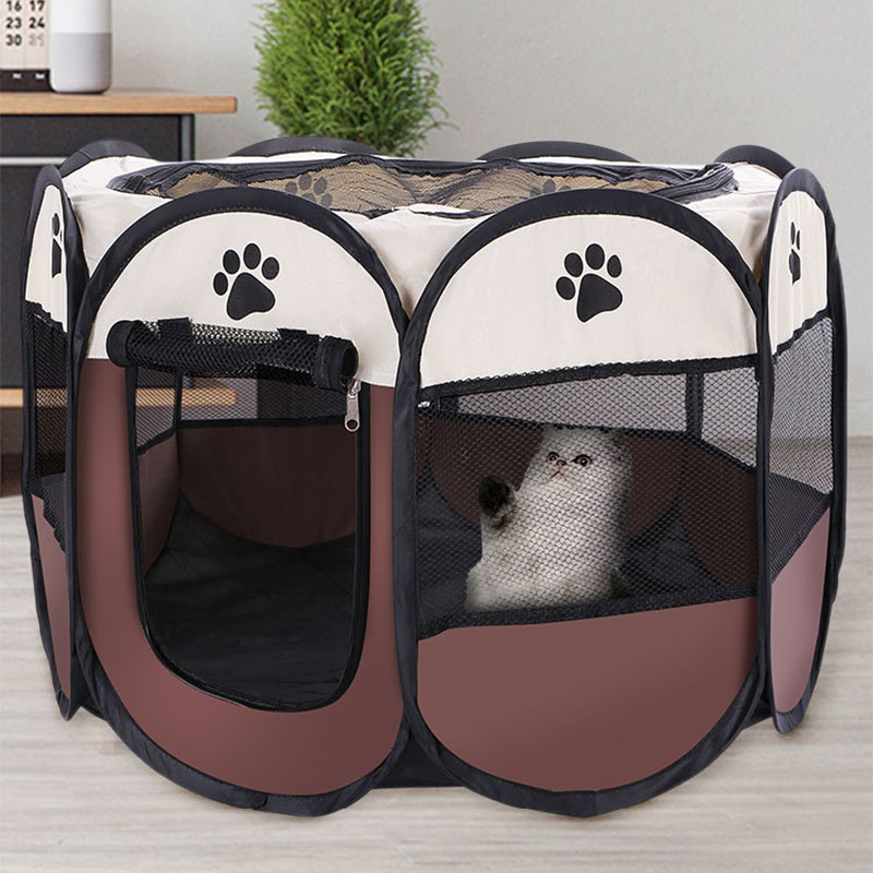 Bærbart kæledyrsbur folde kæledyr telt udendørs hundehus ottekantet bur til kat indendørs kravlegård hvalpe katte kennel hunde hus: Kaffe / 74 x 74 x 43cm