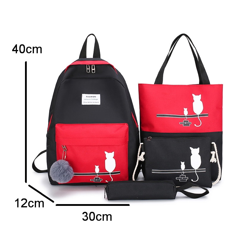 FUNMARDI 4 Teile/satz Getäfelten Frauen Rucksack Leinwand Katze aufbringen Schule Tasche Für Mädchen Patchwork Rucksack Weiblichen Schulter Tasche WLHB2065