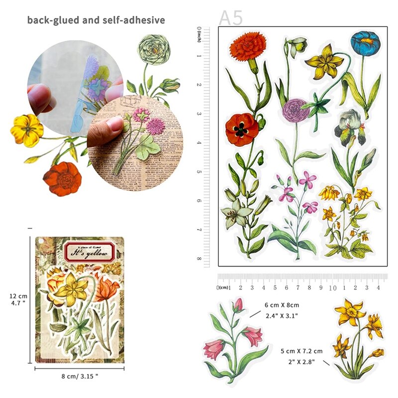 6 Packs Scrapbook Stickers Flower Stickers Decoration Sticker Planner Stickers Assorted in Plant Stickers Clear PET