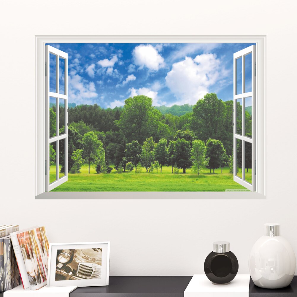 3D Window Forest Landscape in Four Seasons 3D Wall Sticker Green Tree Removable Wallpaper Home Decal Home Decor