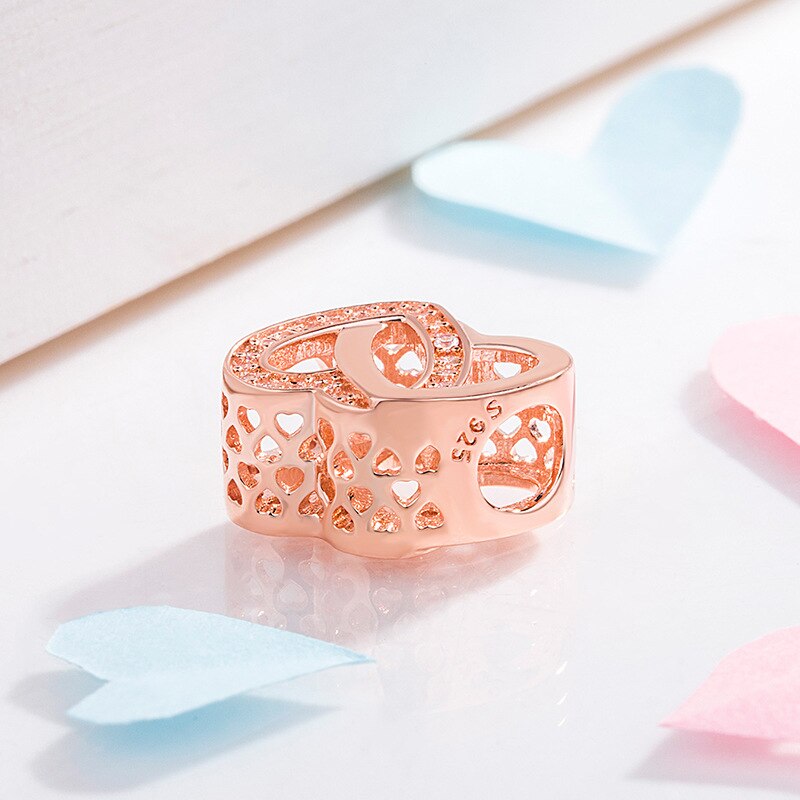 Echt 925 Sterling Silver Bead Charm Rose Opengewerkte Verstrengeld Liefde Hart Met Crystal Bead Fit Pan Armband Ketting Diy Je