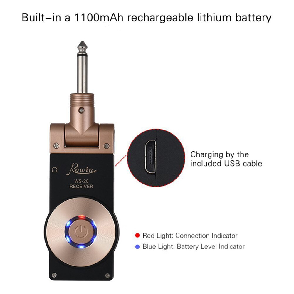 Rowin WS-20 2.4G Wireless Guitar Transmitter Receiver Set Rechargeable Guitar Wireless System 30 Meters Transmission Range