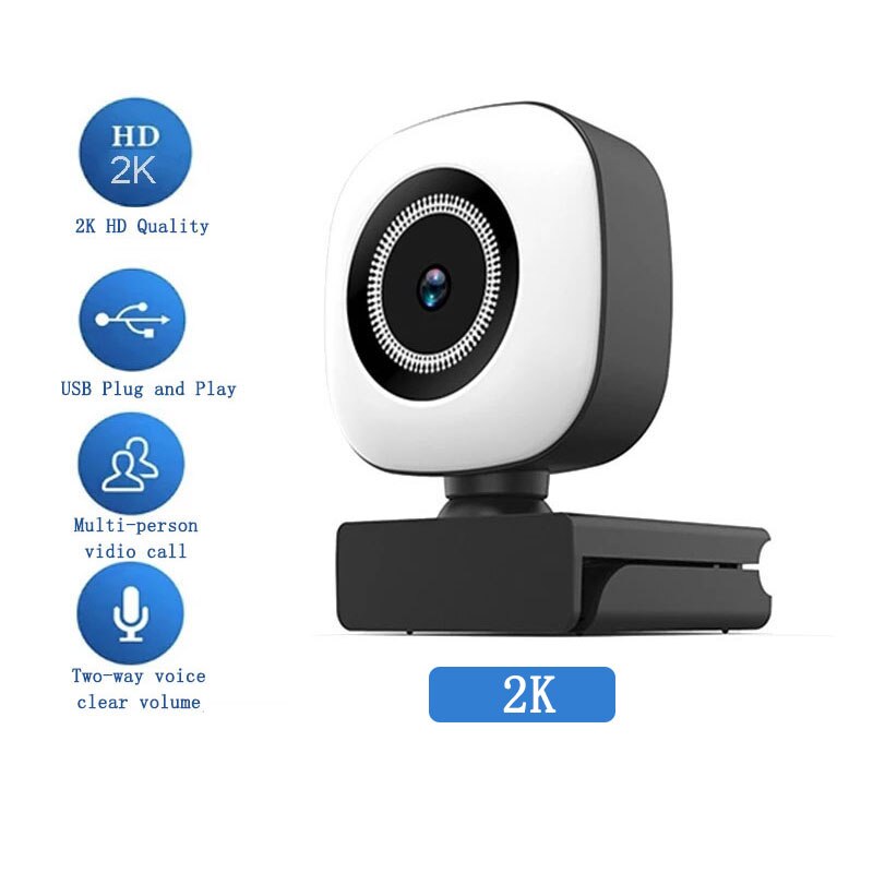 Webcam 1080P 2K HD Web Cam Auto Focus USB Computer Web Cameras PC Camera Web Cam With Ring Fill Light For For Broadcast Live: 2K