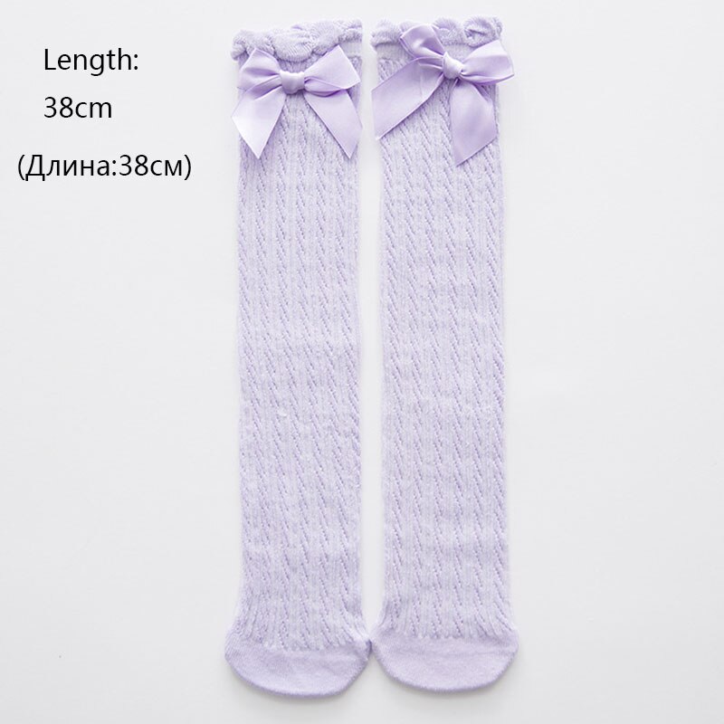 Chaussettes hautes pour -né, chaussettes d'été en maille fine, en coton doux, avec nœud papillon, pour bébé fille: purple  bow front