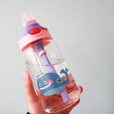 Bouteille d'eau en verre avec animaux pour enfants, avec sangle de sac en paille, couvercle supérieur verrouillable, anti-fuite, sans BPA, pour garçons, voyage randonnée, 500ml: Whale without bag