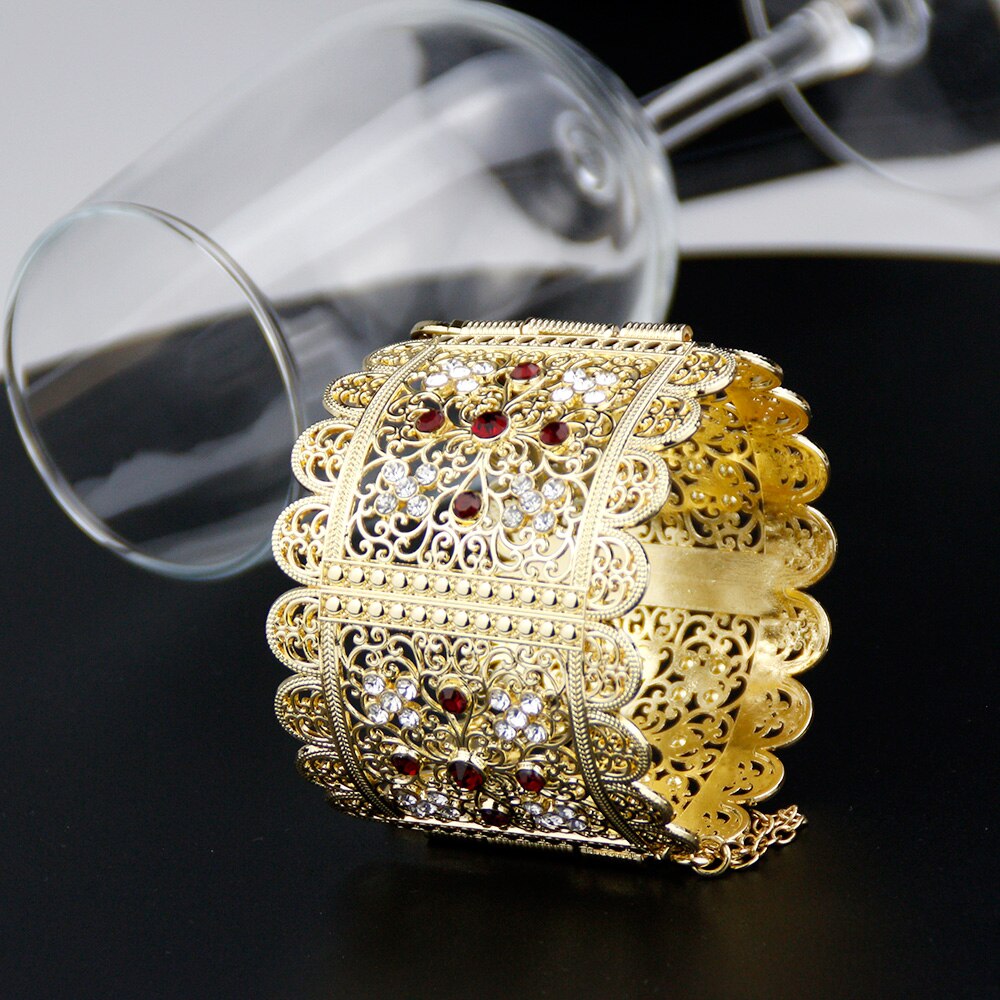 Sunspicems – Bracelet algérien marocain pour femmes, couleur or, grande taille, manchette en fleur de cristal, ethnique indienne, bijoux de mariage