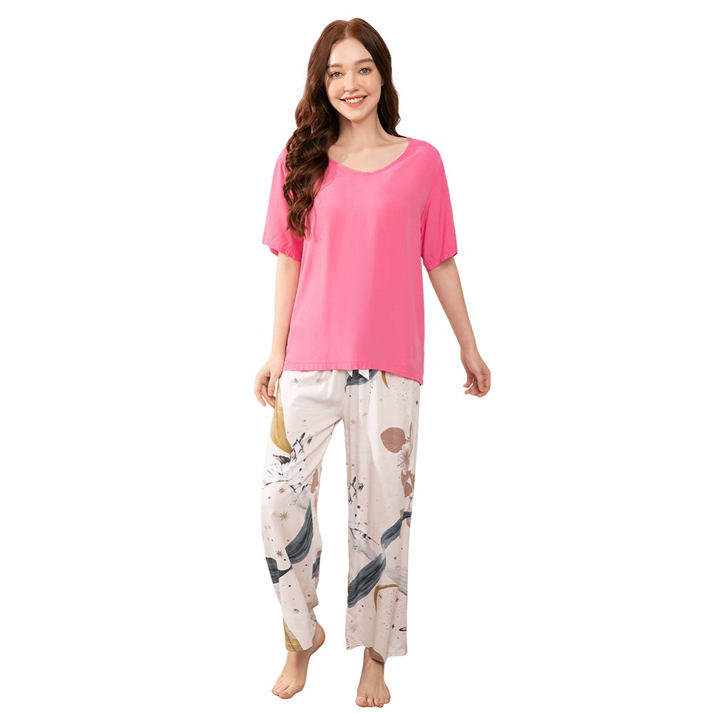 Breathable 2PCS Pajama Short Sleeve Printed Pijama Mujer Femme Loose Nightwear Suit Female Casual Homewear Pajama Set For Women: XXXL / Beige