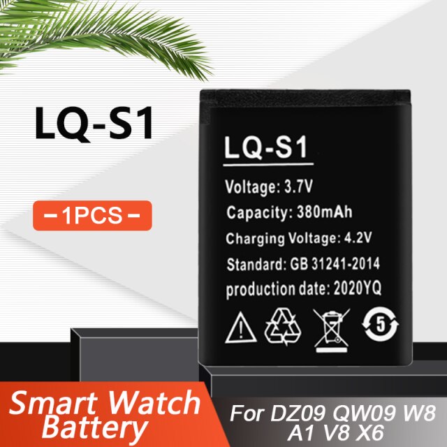 Batería de litio recargable para reloj inteligente, pila de LQ-S1 de 3,7 V y 380mAh para AB-S1 DJ-09 DZ09 GJD HKS-S1 FYM-M9 QW09 W8S: 1PCS