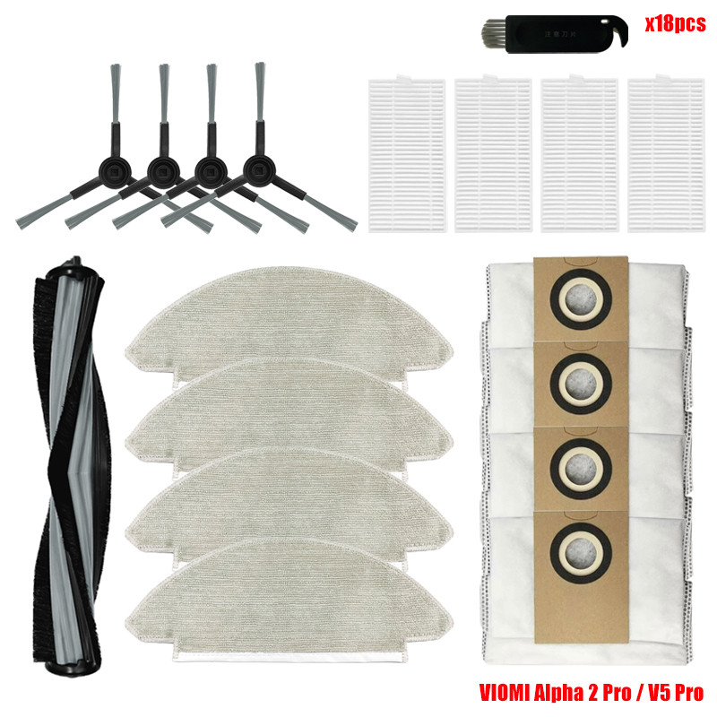 Pièces de rechange pour aspirateur robot Viomi Alpha 2 Pro / V5 Pro, brosse à rouleau, sac à poussière, vadrouille, chiffons, brosse latérale, filtre Hepa: WHITE