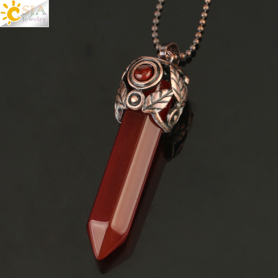 CSJA Naturale Pietra di Cristallo Pendenti con gemme e perle Rosso Antico di Rame Esagonale Colonna Pendente di Energia Femminile Degli Uomini Collane Dei Monili Dell'annata G178: Red Agate Chain