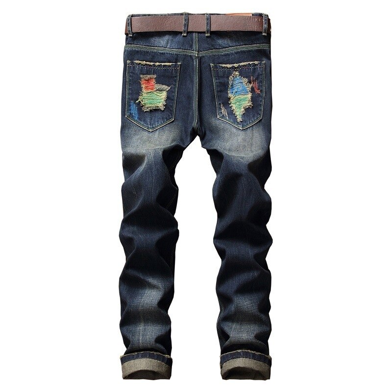 Borstel Verf Gebroken Gat Jeans Mannen Trend Tij Casual Mens Katoen Plus Size 28- 33 34 36 38 40 42