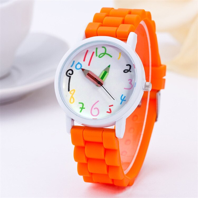 Mode Eenvoudige Mode Kinderen Kids Arabische Cijfers Potlood Analoge Weergave Quartz Horloge Voor: orange
